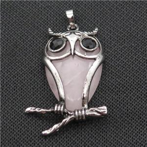 Rose Quartz Owl Pendant Alloy Antique Silver, approx 25-50mm