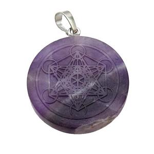 Purple Amethyst Circle Pendant Metatrons Cube Craved, approx 30mm