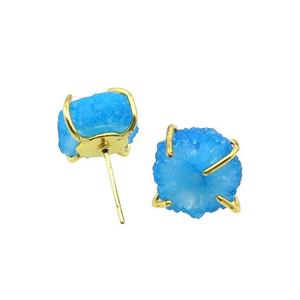 Blue Quartz Druzy Copper Stud Earring Gold Plated, approx 13-14mm