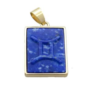 Natural Blue Lapis Lazuli Pendant Zodiac Gemini Rectangle Gold Plated, approx 16-20mm