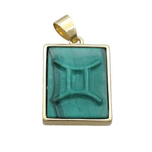 Natural Malachite Pendant Zodiac Gemini Green Rectangle Gold Plated, approx 16-20mm