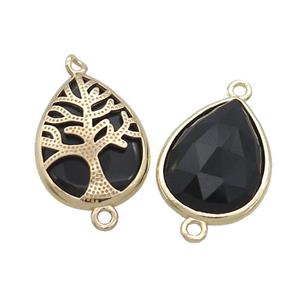 Black Onyx Agate Teardrop Connector Tree Of Life Gold Plated, approx 15-20mm