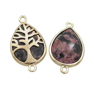 Natural Pink Rhodonite Teardrop Connector Tree Of Life Gold Plated, approx 15-20mm