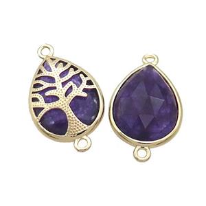 Natural Purple Amethyst Teardrop Connector Tree Of Life Gold Plated, approx 15-20mm