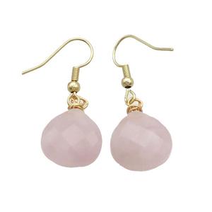 Pink Rose Quartz Copper Hook Earrings Teardrop Gold Plated, approx 15mm