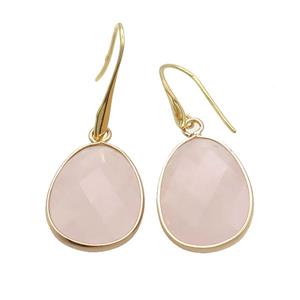 Pink Rose Quartz Copper Hook Earrings Teardrop Gold Plated, approx 17-23mm