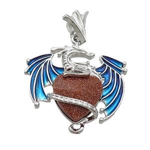 Alloy Dragon Pendant Pave Golden Sandstone Heart Blue Enamel Platinum Plated, approx 15mm, 25-30mm