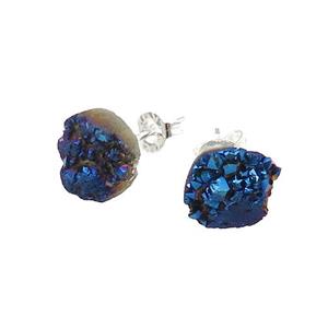 Blue Druzy Quartz Stud Earrings Platinum Plated, approx 8mm