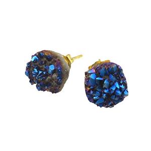 Blue Druzy Quartz Stud Earrings Gold Plated, approx 8mm