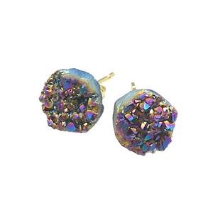 Rainbow Druzy Quartz Stud Earrings Gold Plated, approx 8mm