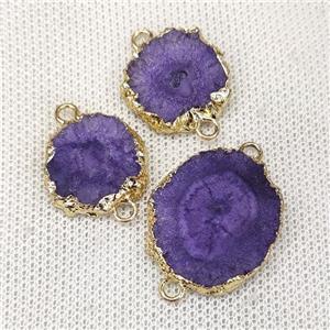 Solar Quartz Slice Connector Purple Dye Gold Plated, approx 10-20mm