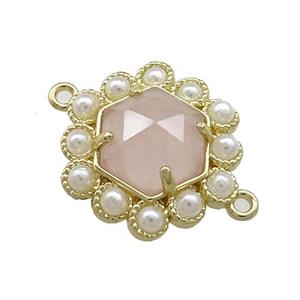 Copper Hexagon Connector Pave Pink Rose Quartz Pearlized Resin Gold Plated, approx 18mm