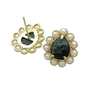 Copper Teardrop Stud Earrings Pave Kambaba Jasper Pearlized Resin Gold Plated, approx 16-18mm