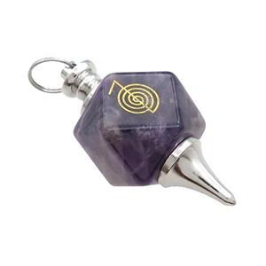 Natural Purple Amethyst Dowsing Pendulum Polygon Alloy Platinum Plated, approx 20mm, 50mm