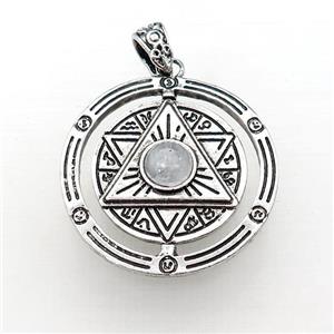 Zinc Alloy David Star Pendant Pave Clear Quartz Circle Antique Silver, approx 38mm