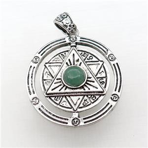 Zinc Alloy David Star Pendant Pave Green Aventurine Circle Antique Silver, approx 38mm