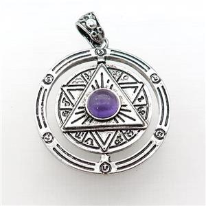 Zinc Alloy David Star Pendant Pave Amethyst Circle Antique Silver, approx 38mm