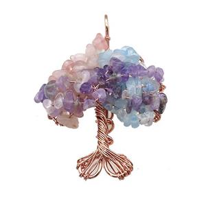 Natural Gemstone Chakra Pendant Tree Of Life Copper Wire Wrapped Rose Gold, approx 45-55mm