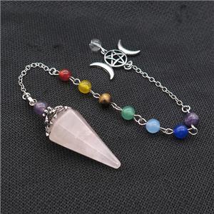 Natural Pink Rose Quartz Pendulum Pendant With Gemstone Chakra Chain Platinum Plated, approx 18-35mm, 6mm, 18cm length