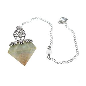 Aquamarine Chips Dowsing Diamond Shape Pendulum Pendant Tree Of Life Copper Chain Platinum Plated, approx 30mm, 20cm length