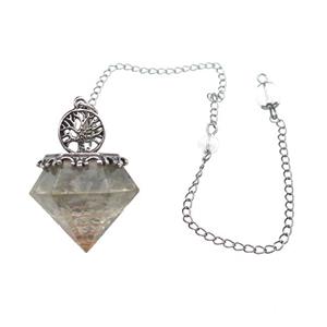 Labradorite Chips Dowsing Diamond Shape Pendulum Pendant Tree Of Life Copper Chain Platinum Plated, approx 30mm, 20cm length