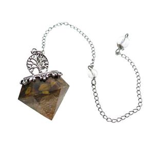 Tiger Eye Stone Chips Dowsing Diamond Shape Pendulum Pendant Tree Of Life Copper Chain Platinum Plat, approx 30mm, 20cm length