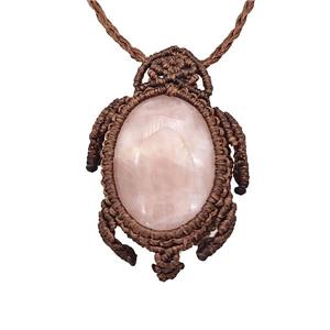 Natural Pink Rose Quartz Necklace Tortoise Waxed Fabric Rose Brown, approx 25-30mm