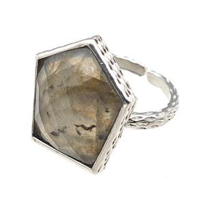 Labradorite Pentagon Rings Copper Shield Adjustable Platinum Plated, approx 18-20mm, 18mm dia