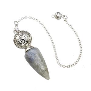 Natural Labradorite Dowsing Pendulum Pendant With Copper Hollow Ball Chain Platinum, approx 15-30mm, 18mm, 16cm length