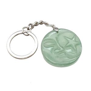 Green Aventurine MoonStar Keychain Circle Alloy Platinum Plated, approx 32mm, 25mm