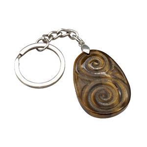 Tiger Eye Stone Spiral Keychain Flat Teardrop Alloy Platinum Plated, approx 25-35mm, 25mm