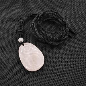 Natural Pink Rose Quartz Spiral Necklace Flat Teardrop Black Nylon Rope, approx 25-35mm