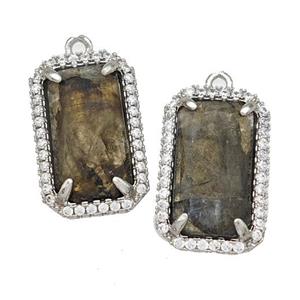 Natural Labradorite Rectangle Pendant Copper Pave Zircon Platinum Plated, approx 12-18mm