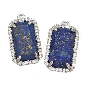 Natural Lapis Lazuli Rectangle Pendant Copper Pave Zircon Platinum Plated, approx 12-18mm