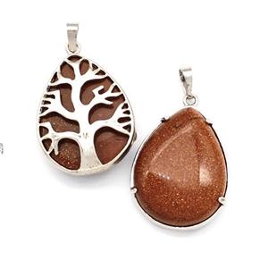 Golden Sandstone Teardrop Pendant Tree Platinum Plated, approx 25-33mm