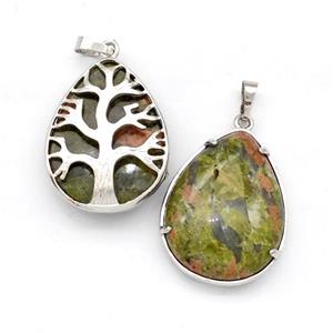 Natural Unakite Teardrop Pendant Tree Platinum Plated, approx 25-33mm