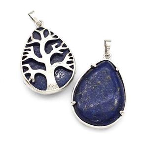 Natural Blue Lapis Lazuli Teardrop Pendant Tree Platinum Plated, approx 25-33mm