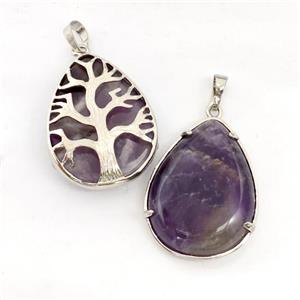 Natural Purple Amethyst Teardrop Pendant Tree Platinum Plated, approx 25-33mm