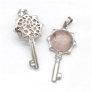 Alloy Key Charms Pendant Pave Rose Quartz Platinum Plated, approx 16mm, 20-40mm