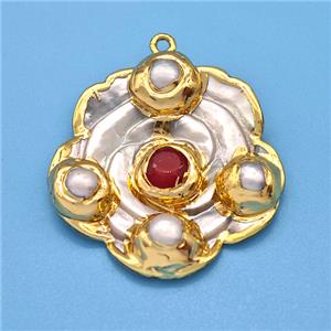 Pearlized Shell Flower Pendant With Pearl Gold Plated, approx 35mm