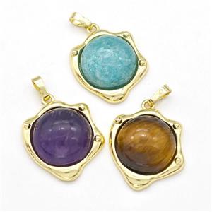 Natural Gemstone Pendant Half Round Gold Plated Mixed, approx 20-21mm