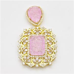 Copper Pendant Pave Zirconia Pink Acrylic Gold Plated, approx 16-20mm, 33-37mm