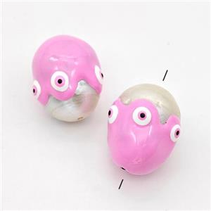 White Pearl Potato Beads Pink Enamel Evil Eye, approx 13-16mm