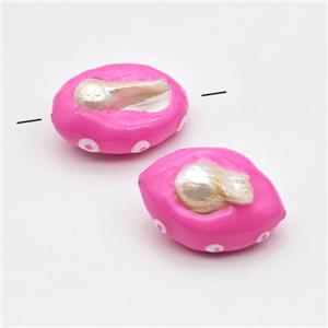 Baroque Style Pearl Oval Beads Pink Enamel Evil Eye, approx 25-33mm