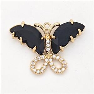 Black Crystal Glass Copper Butterfly Pendant Pave Zirconia Gold Plated, approx 20-28mm