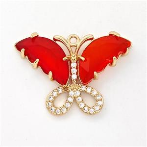 Red Crystal Glass Copper Butterfly Pendant Pave Zirconia Gold Plated, approx 20-28mm