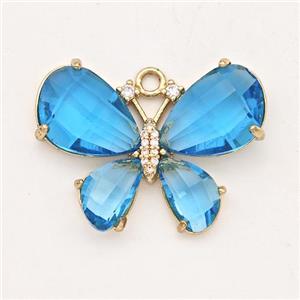 Aqua Crystal Glass Copper Butterfly Pendant Pave Zirconia Gold Plated, approx 21-30mm