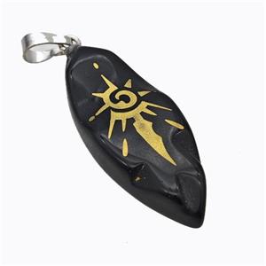 Natural Black Obsidian Leaf Pendant Sun Golden Painted, approx 15-40mm