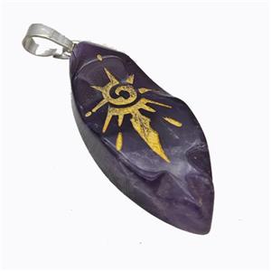 Natural Purple Amethyst Leaf Pendant Sun Golden Painted, approx 15-40mm