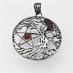 Alloy Tree Of Life Pendant Pave Druzy Moon Red Agate Star Antique Silver, approx 40mm